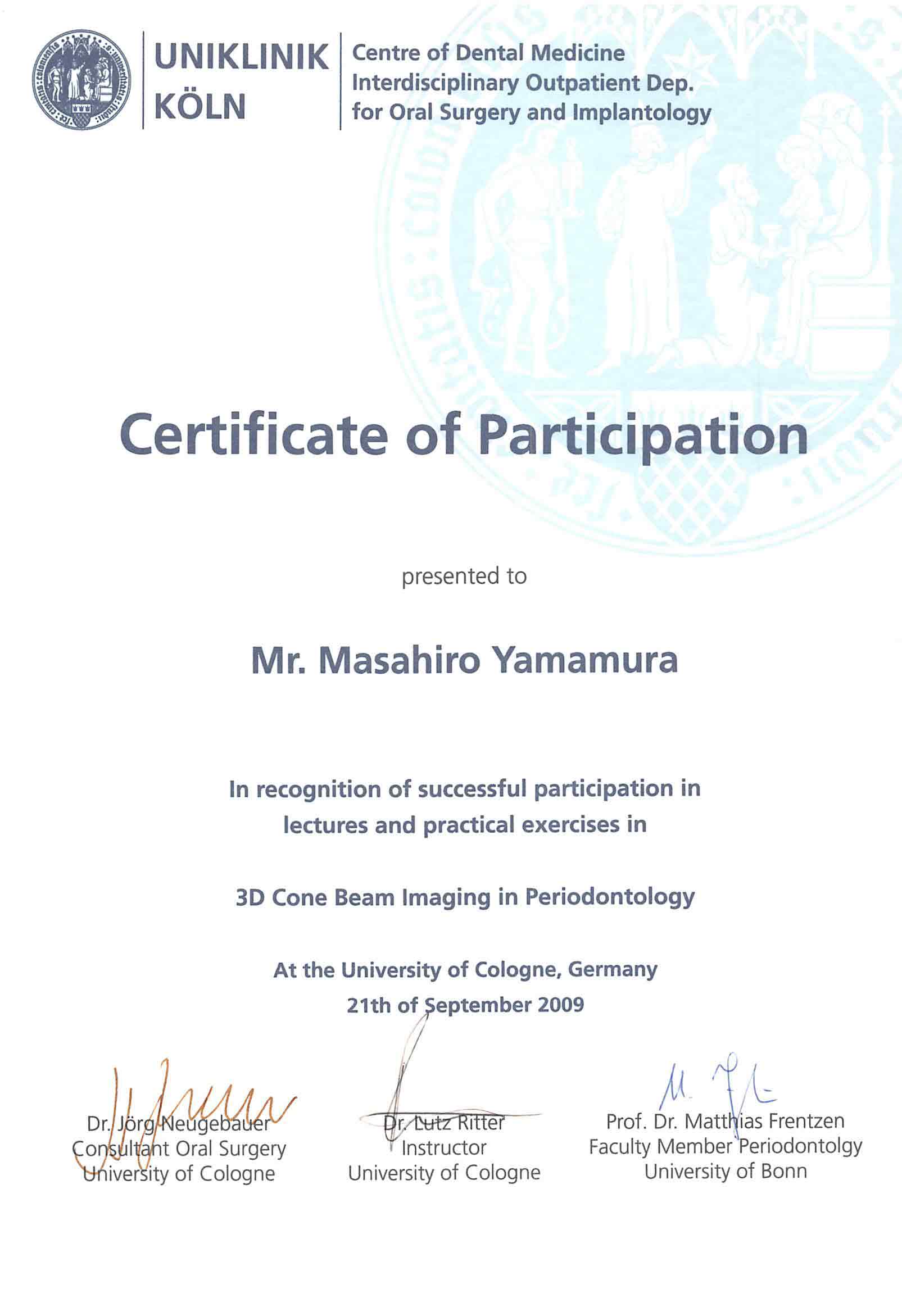 University of Cologne 3D Cone Beam Imaging in Periodontology 参加証